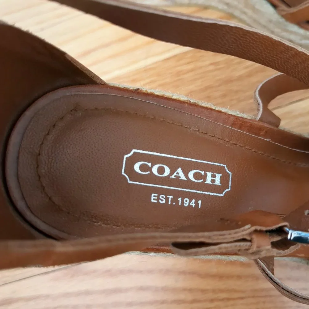 [SOLD] Coach Cognac Brown Leather Caged T-Strap Espadrille Wedge Strappy Sandals - Picture 11 of 16